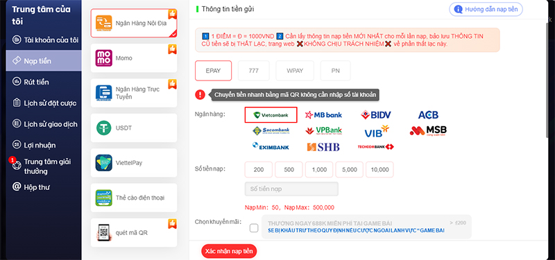 Việc nạp tiền Vi68 không gây khó khăn cho người chơi