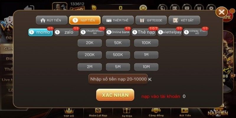 Nạp tiền thông qua Momo tại cổng game Vn68