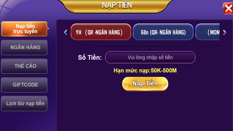 Nạp tiền 68 Game Bài 
